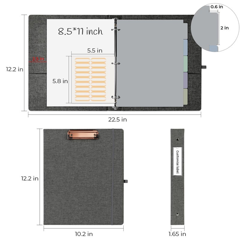 EYROZILL 3 Ring Binder  1 Inch Linen Binder Organizer for Letter Size (8.5"" x 11"") with 5 Tab Dividers  File Folder Labels and Low Profile Clipboards  School and Office Supplies- Darkgrey - Image 5